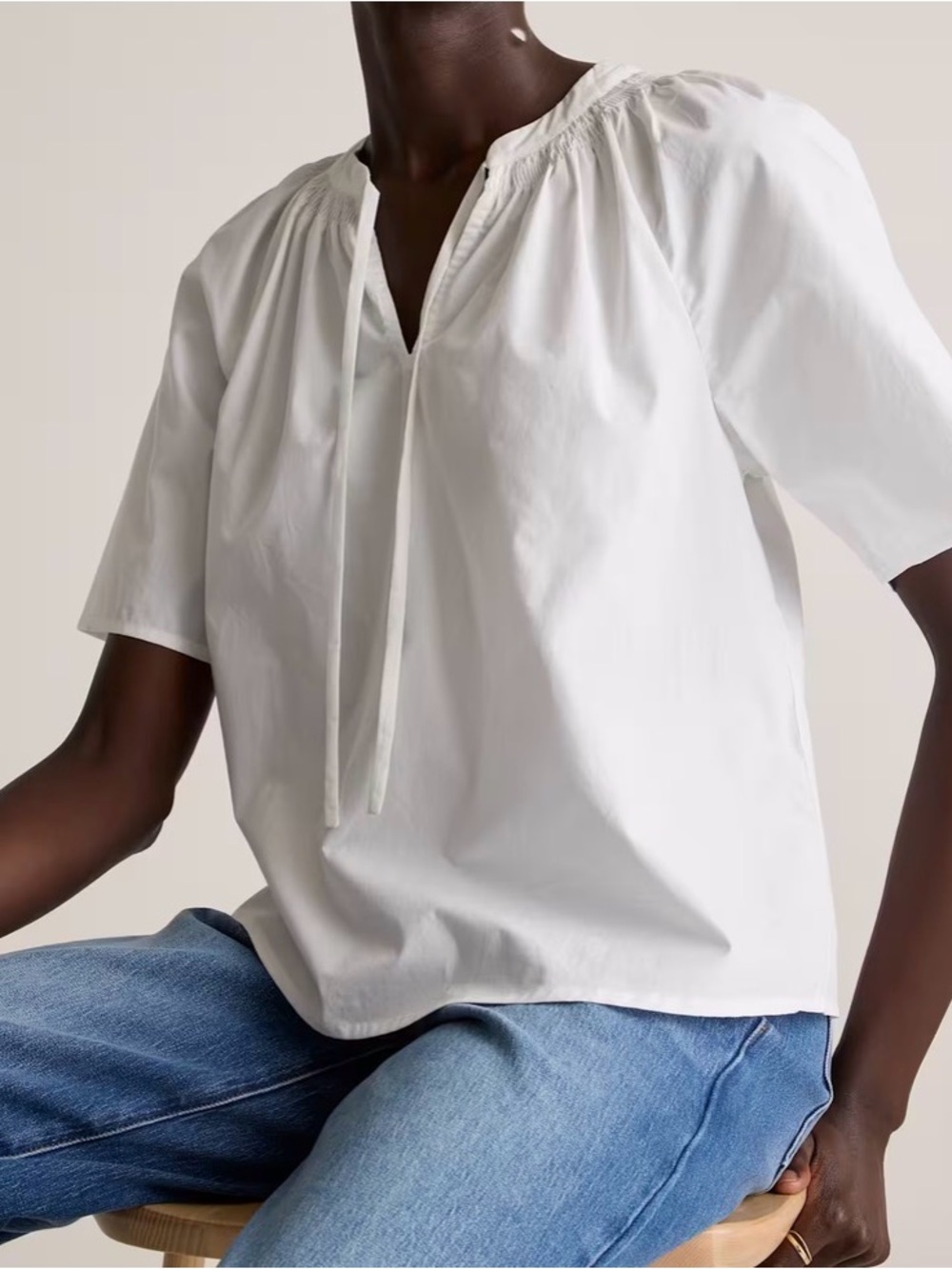 Quince organic cotton poplin split neck blouse. Medium